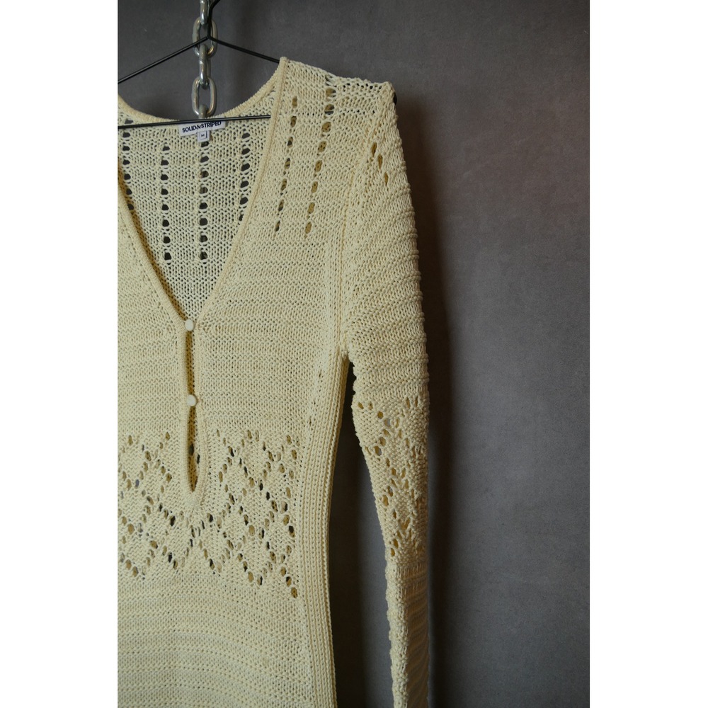 Solid And Striped Cream Crochet Knit Maxi Dress Long Sleeve V Neck Button Accent - Picture 4 of 15
